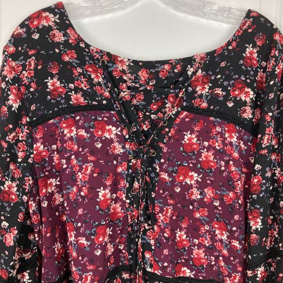 NWOT KNOX ROSE Top XXL Floral Embroidery Crochet Tiered Bow Lace Up Black Red - Picture 6 of 6
